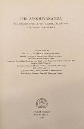 The Ayodhyakanda< The Second Book of the Valmiki Ramayana, The National Book if India