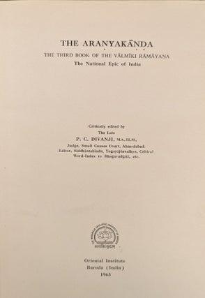 The Aranyakanda, The Third Book of the Valmiki-Ramayana, The National Epic of India