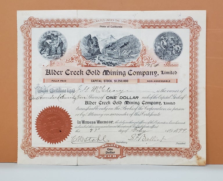 Item #102c Alder Creek Gold Mining Company Share Certificate No. 236. Alder Creek Gold Mining Company.