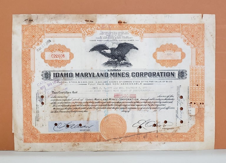Item #109c Idaho Maryland Mines Corporation Share Certificate No. C22606. Idaho Maryland Mines Corporation.