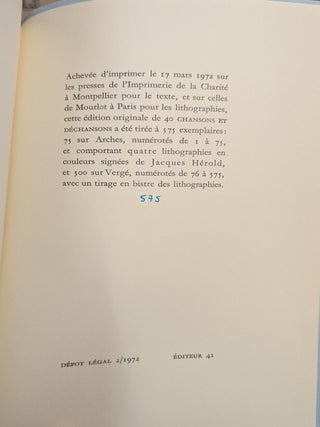40 Chanson et dechansons composees par Tristan Tzara Illustrees par Jacques Herold (signed )