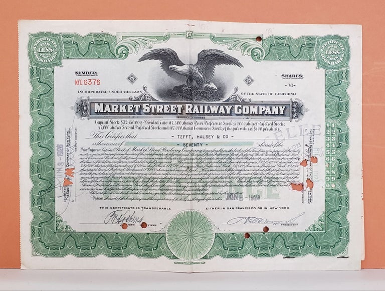 Item #115c Market Street Railway Company Share Certificate No. NYO6376. Market Street Railway Company.
