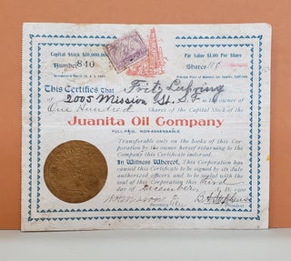 Item #116c Juanita Oil Company Share Certificate No. 840. Juanita Oil Company