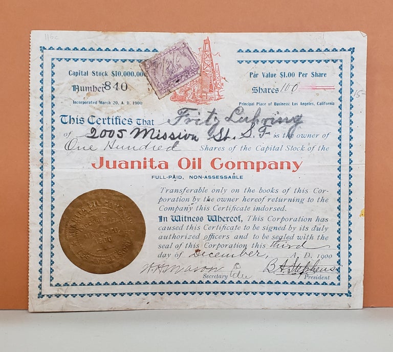 Item #116c Juanita Oil Company Share Certificate No. 840. Juanita Oil Company.