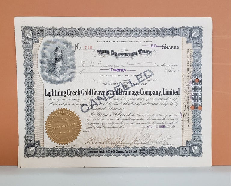 Item #118c Lightning Creek Gold Gravels and Drainage Company Share Certificate No. 710. Lightning Creek Gold Gravels, Drainage Company.