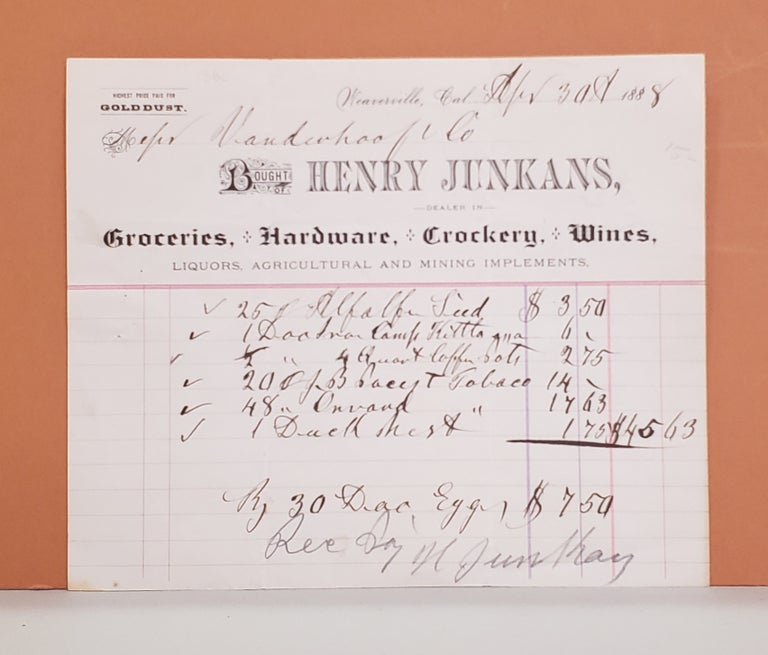 Item #136c Henry Junkans Receipt. Henry Junkans.