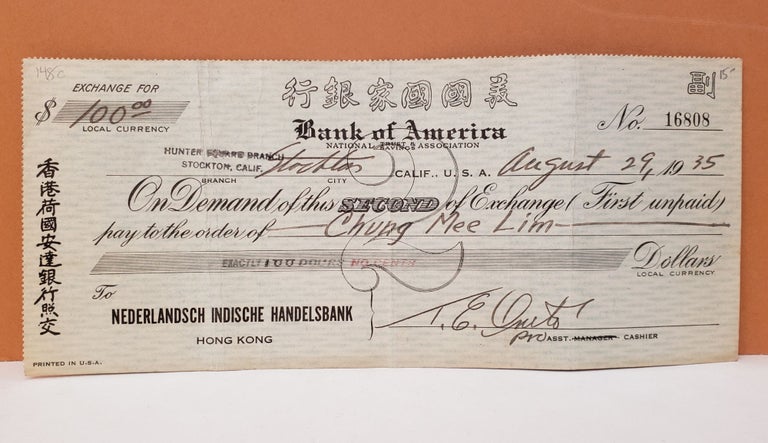 Item #148c Bank of America Check No. 16808. Bank of America.