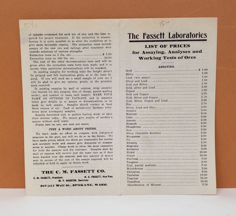 Item #154c List of Prices for Assaying, Analyses and Working Tests of Ores. The Fassett Laboratories.