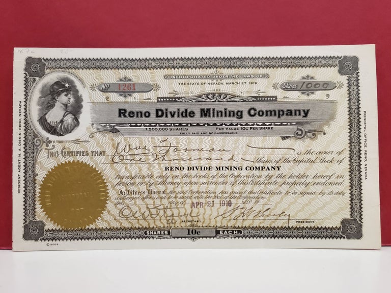 Item #187c Reno Divide Mining Company Share Certificate No. 1261. Reno Divide Mining Company.
