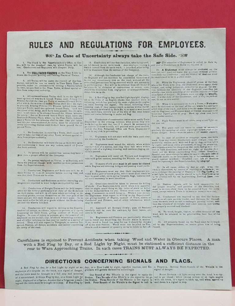 Item #2052173 Virginia and Truckee Railroad / Rules and Regulations for Employees. Mr. H. Hunter.