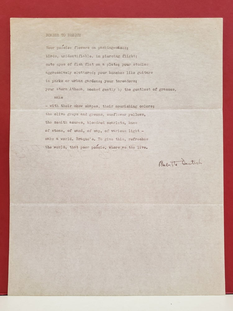 Item #89362 Homage to Braque (unpublished poem). Babette Deutsch.