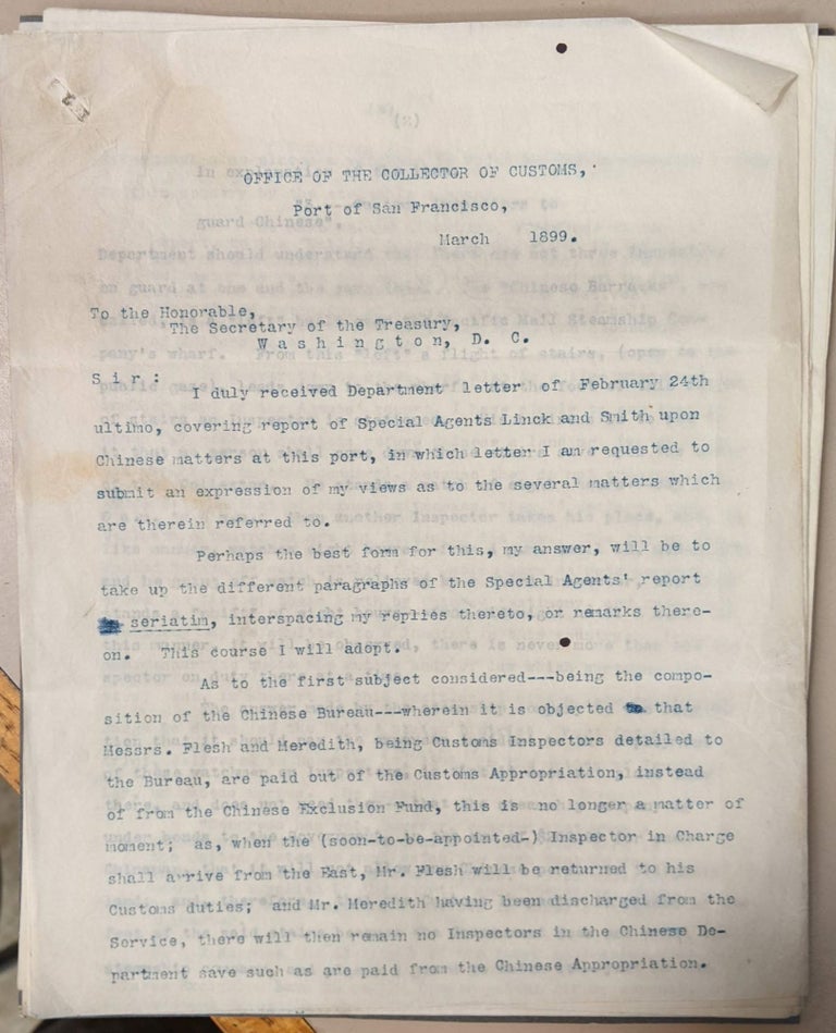 Item #96614 Letter detailing the problems relating to the Chinese Exclusion Act to the Secretary of the Treasury, 1899. Office of the Collector of Customs.