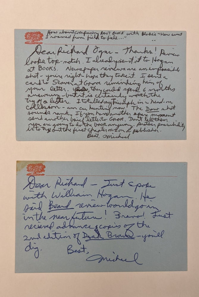 Item #98133 Two handwritten postcards addressed to Richard Ogar. Michael McClure.