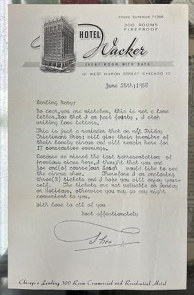 Item #99535 Theo "Okito" Bamberg - Hotel Wacker Letter, June 25th, 1958. Tobias "Okito" Bamberg