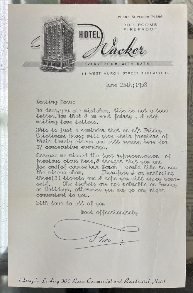 Item #99535 Theo "Okito" Bamberg - Hotel Wacker Letter, June 25th, 1958. Tobias "Okito" Bamberg.