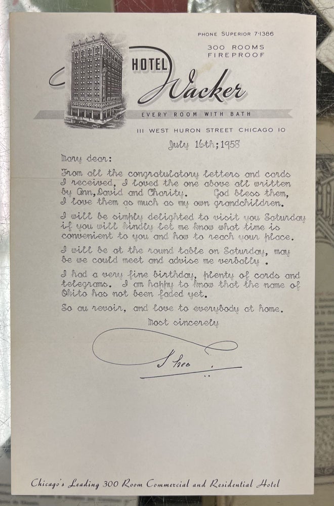 Item #99536 Theo "Okito" Bamberg - Hotel Wacker Letter, July, 16, 1958. Tobias "Okito" Bamberg.